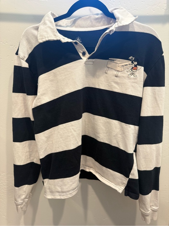 Disney Tops - Disney Black & White Striped Rugby Shirt with Micky Piano Cartoon